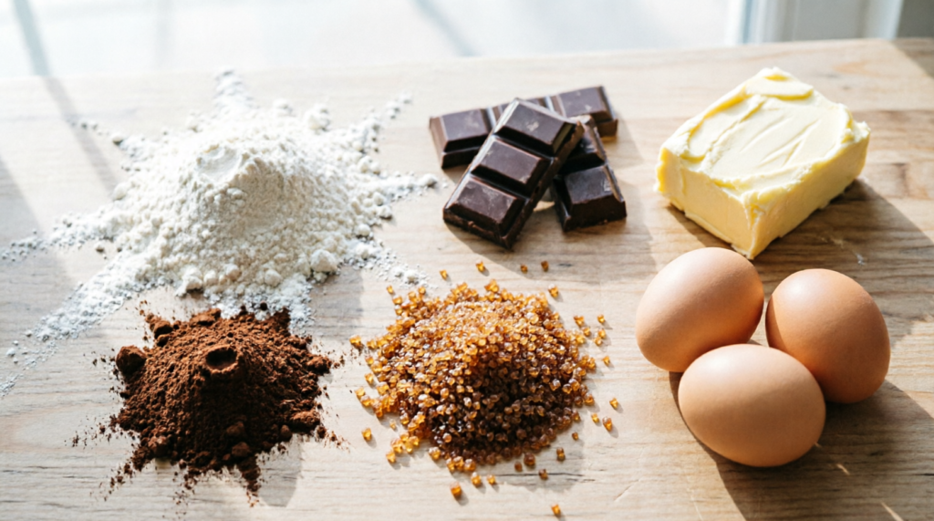 Ingredients for double chunk chocolate cookies laid out on counter