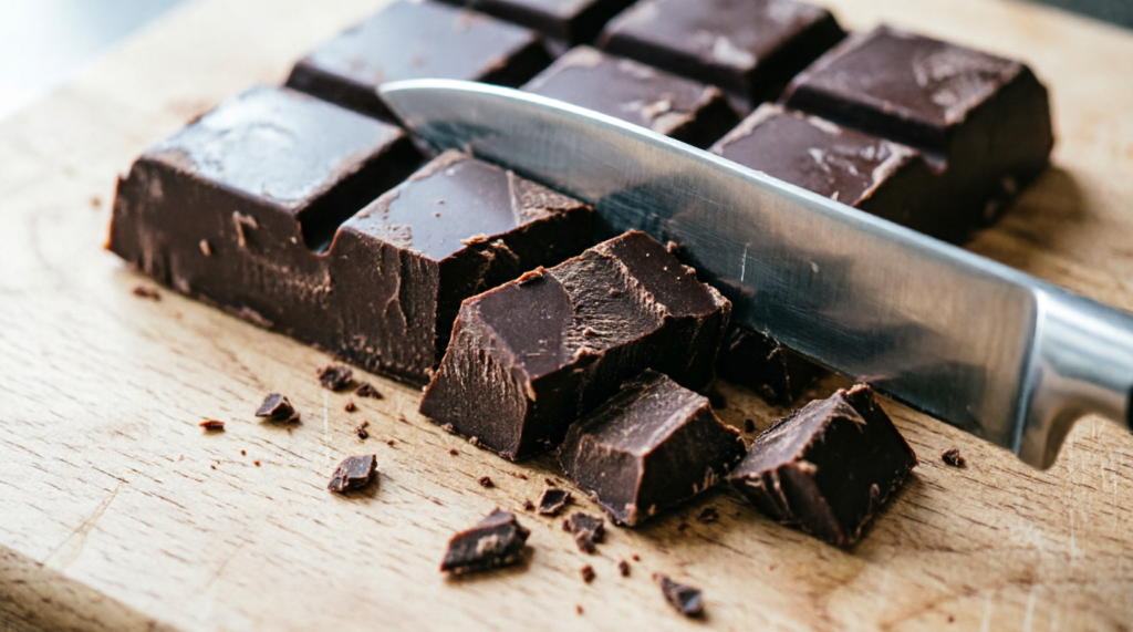 Chopped chocolate bar chunks on cutting board