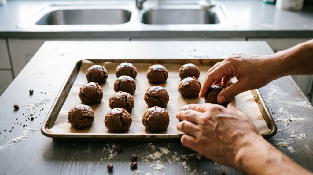 Cookie dough being scooped onto baking tray