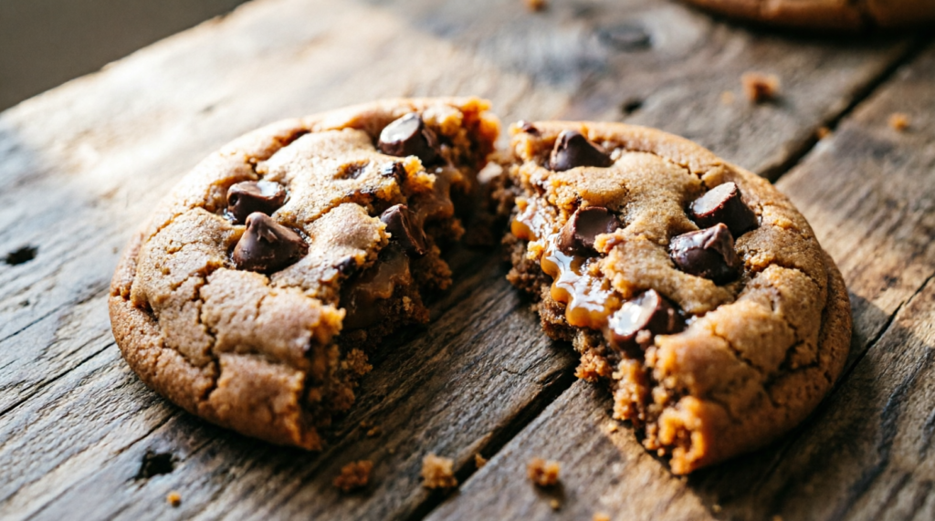 Close-up of a broken double chunk chocolate cookie showing gooey center