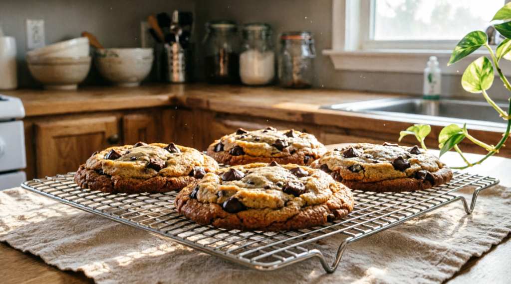 Finished double chunk chocolate cookies cooling on a wire rack