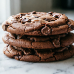 Stack of double chunk chocolate cookies with melted chocolate chunks