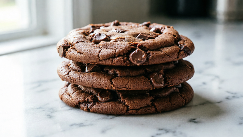Stack of double chunk chocolate cookies with melted chocolate chunks