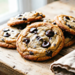 Stack of milk chocolate chip cookies with golden edges