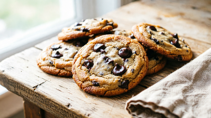 Stack of milk chocolate chip cookies with golden edges