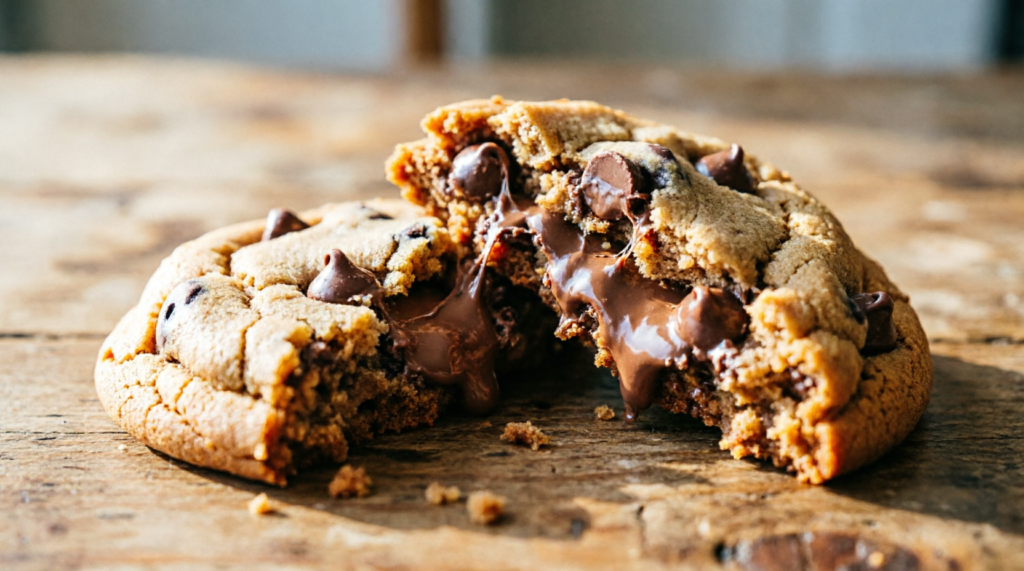 Close-up of a milk chocolate chip cookie broken in half