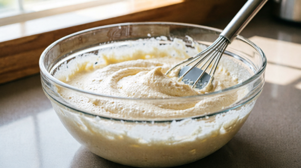 Butter and sugar creamed together in a mixing bowl