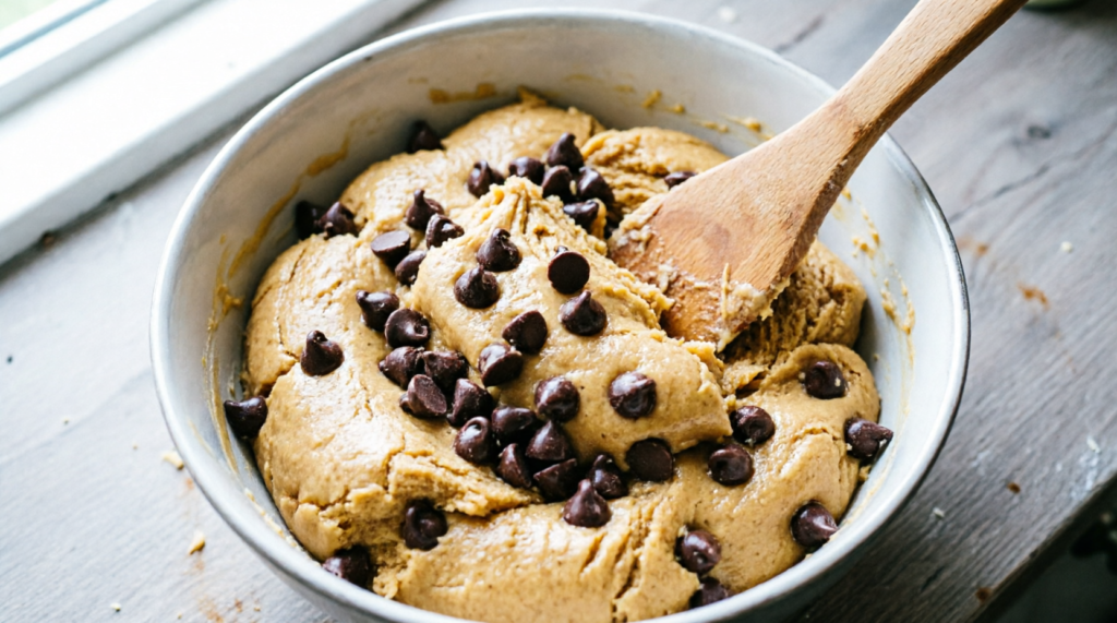 Milk chocolate chips being folded into cookie dough