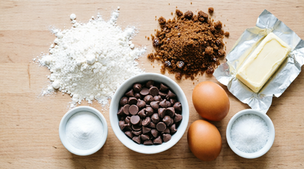 Ingredients for milk chocolate chip cookies laid out on counter