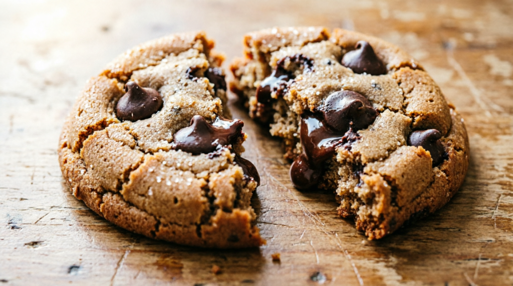 Close-up of a classic chocolate chip cookie broken in half