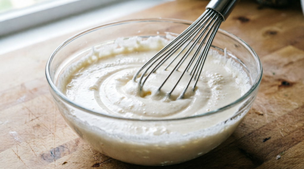 Butter and sugar creamed together in a mixing bowl