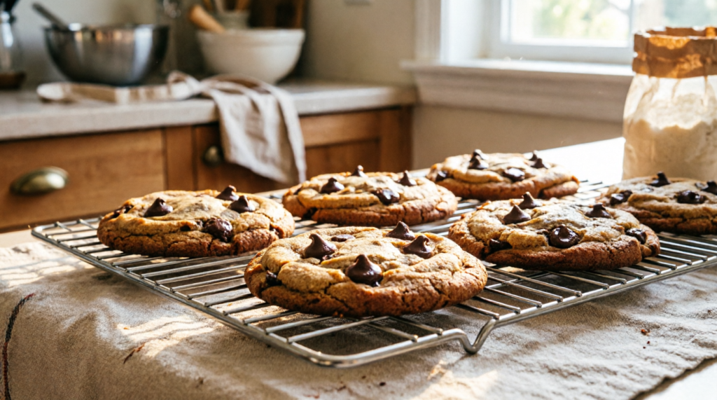 Finished classic chocolate chip cookies cooling on a wire rack