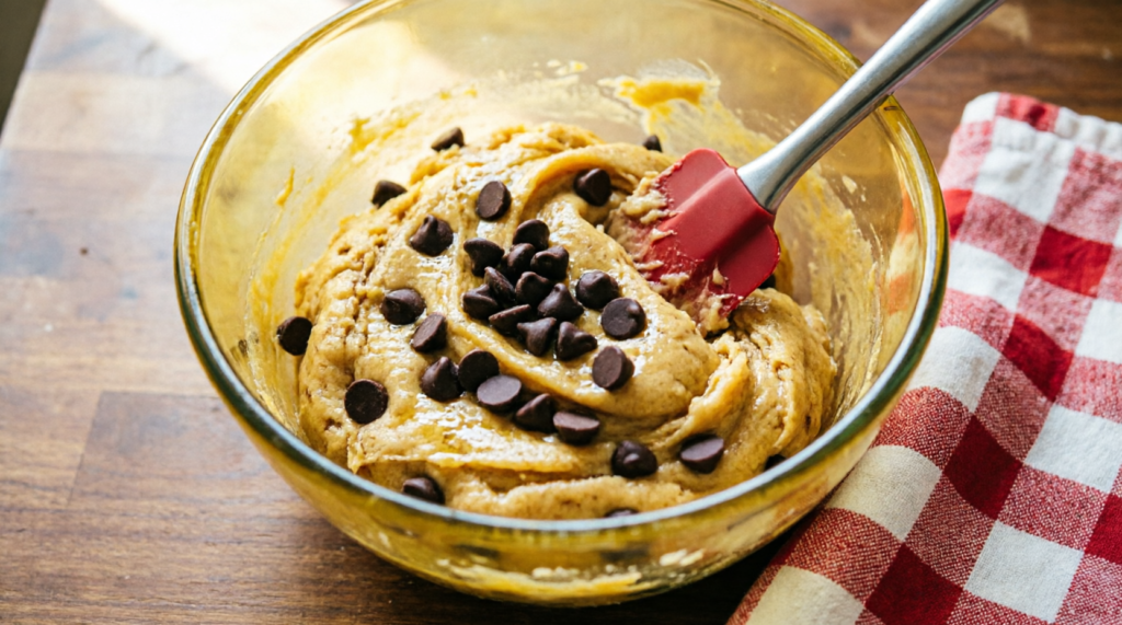 Chocolate chips being stirred into cookie dough