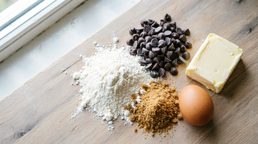 Ingredients for classic chocolate chip cookies laid out on counter