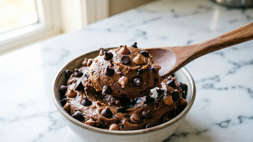 Bowl of edible chocolate chip cookie dough with a spoon