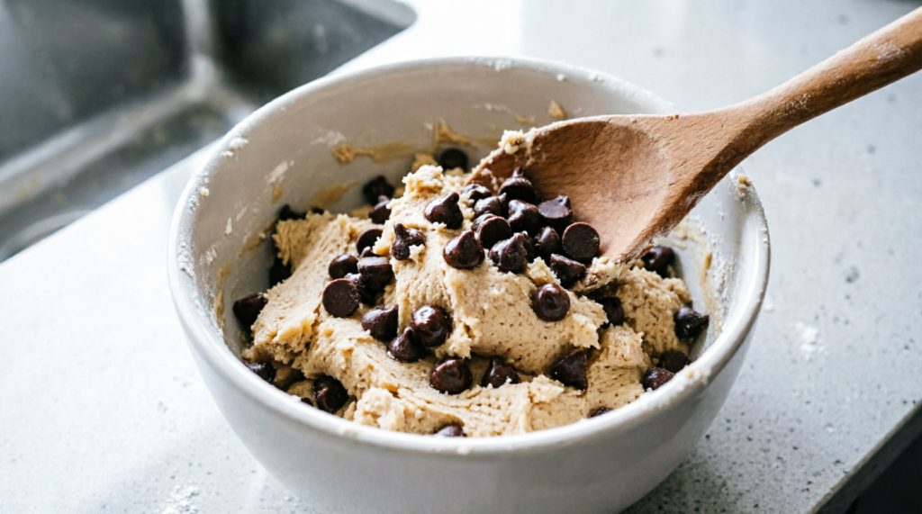 Chocolate chips being folded into thick cookie dough