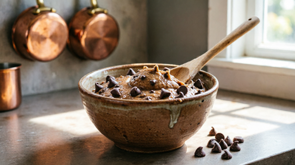 Bowl of finished chocolate chip cookie dough with chocolate chips