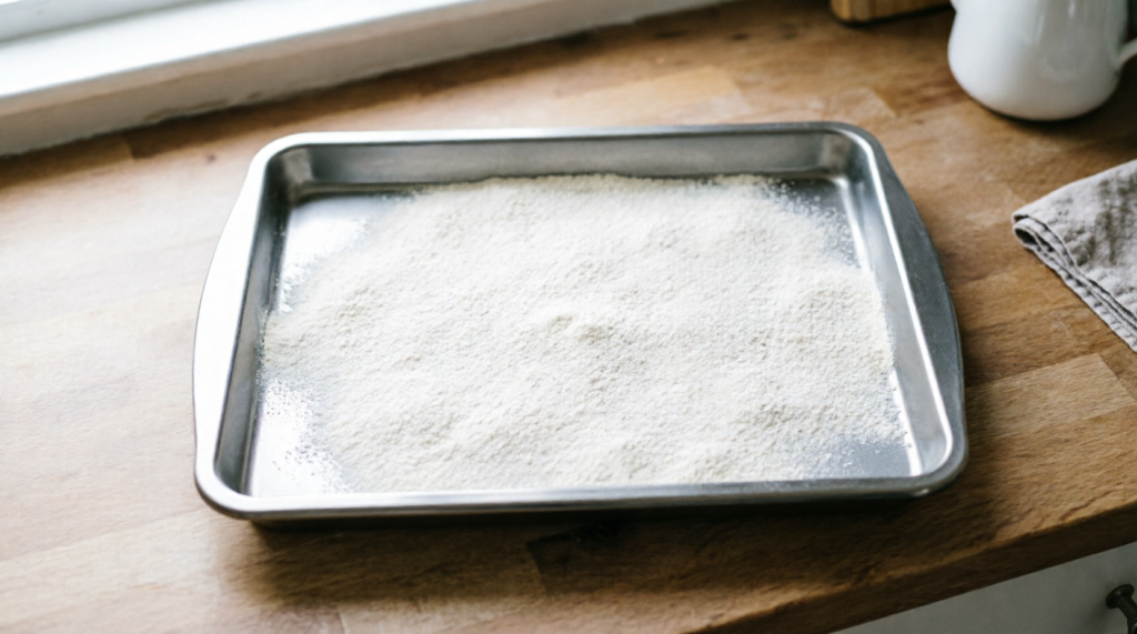 Flour spread on a baking tray for heat treating