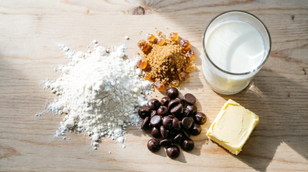 Ingredients for chocolate chip cookie dough laid out on counter