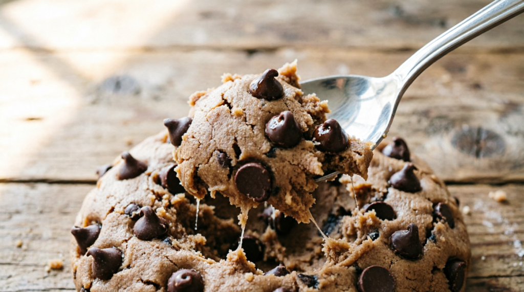 Close-up spoonful of chocolate chip cookie dough