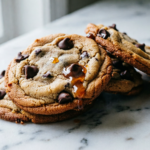 Eggless chocolate chip cookies stacked with soft chewy centers