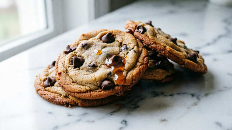 Eggless chocolate chip cookies stacked with soft chewy centers