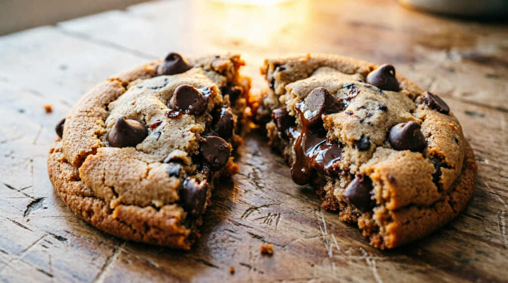 Close-up of eggless chocolate chip cookie broken in half