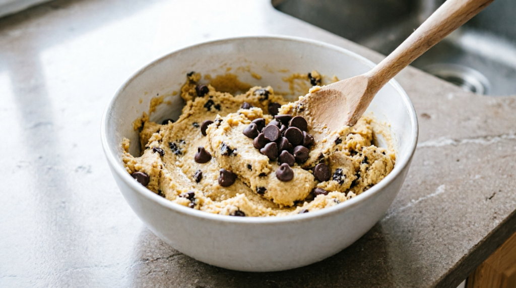 Chocolate chips being folded into cookie dough