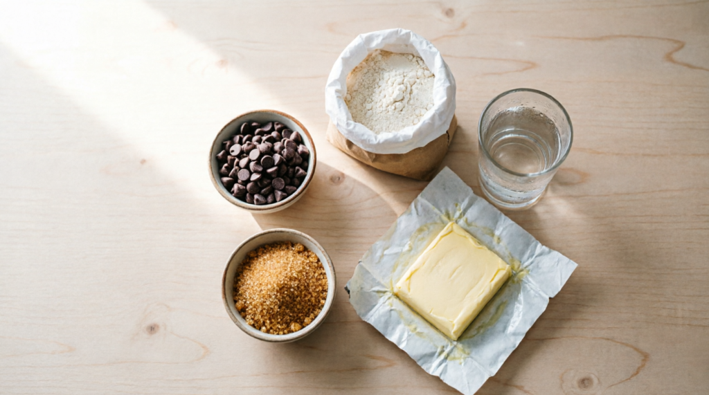 Ingredients for eggless chocolate chip cookies laid out on counter