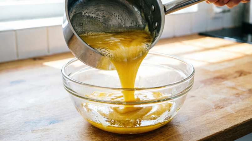 Melted butter being poured into a mixing bowl for cookie dough