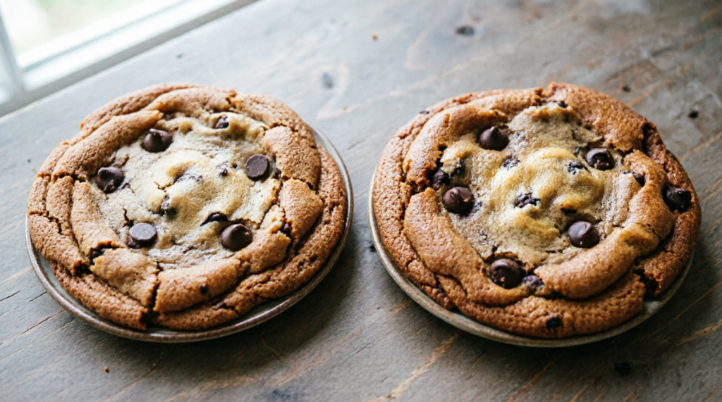 Side by side comparison of cookies made with melted versus softened butter