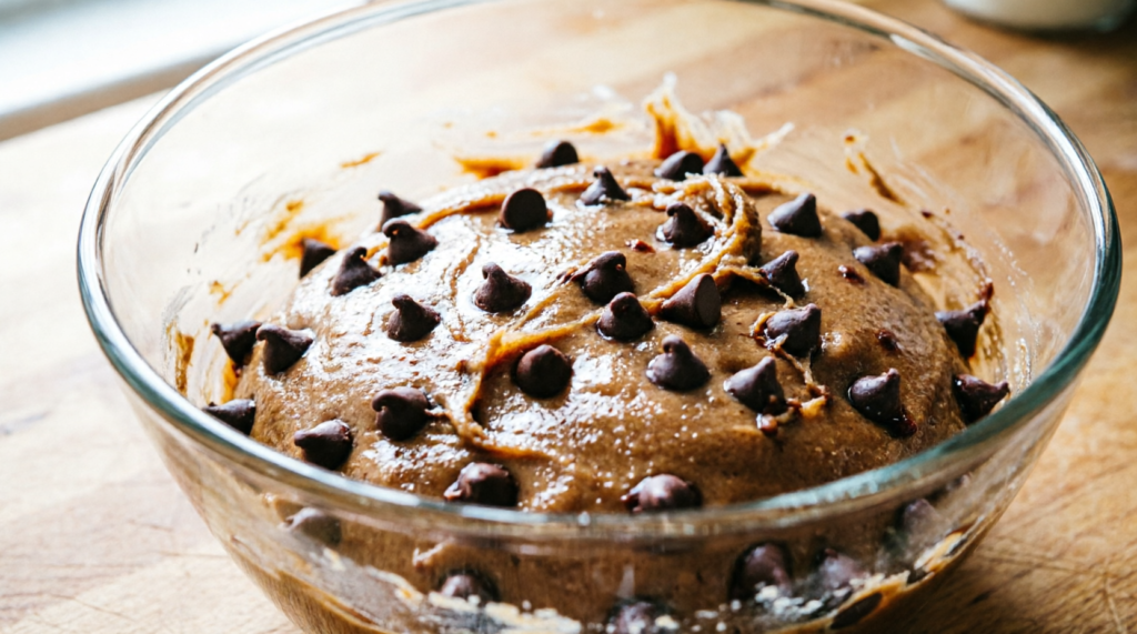 Cookie dough made with melted butter in a mixing bowl