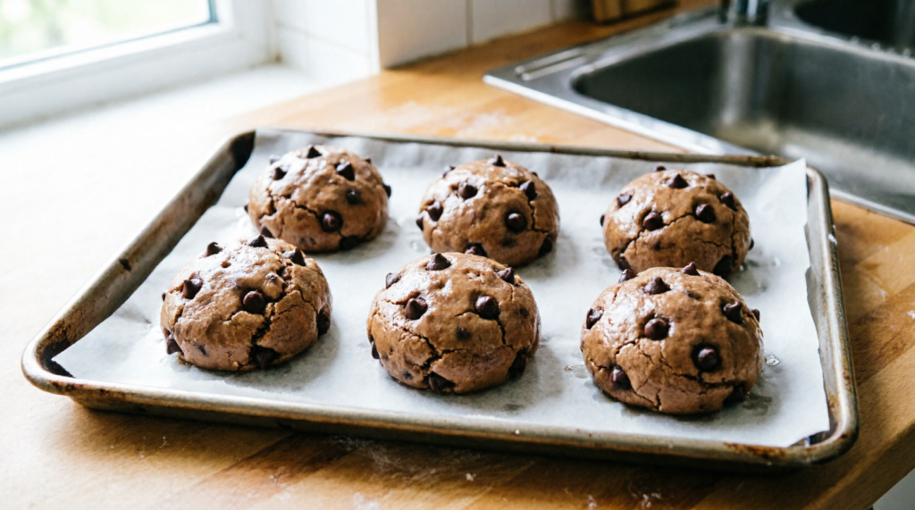 Cookie dough balls chilling on a tray before baking