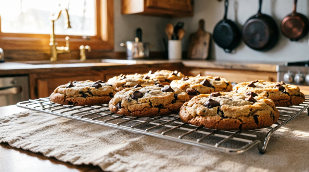 Finished chewy chocolate chip cookies made with melted butter