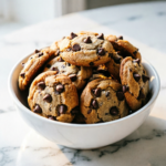 Close-up of mini chocolate chip cookies showing chewy texture