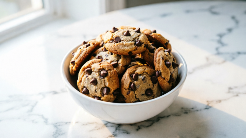 Close-up of mini chocolate chip cookies showing chewy texture