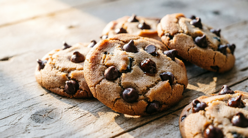 Close-up of mini chocolate chip cookies showing chewy texture