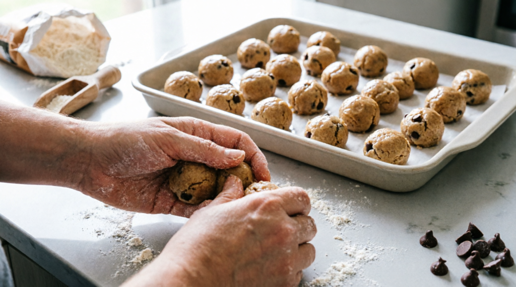 Cookie dough being rolled into tiny balls by hand