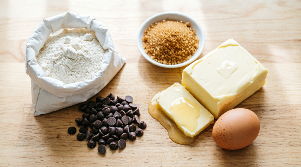 Ingredients for mini chocolate chip cookies laid out on counter