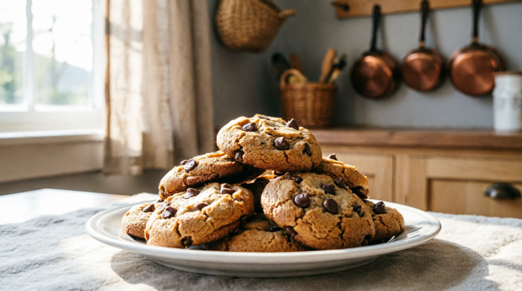 Finished mini chocolate chip cookies on a serving plate
