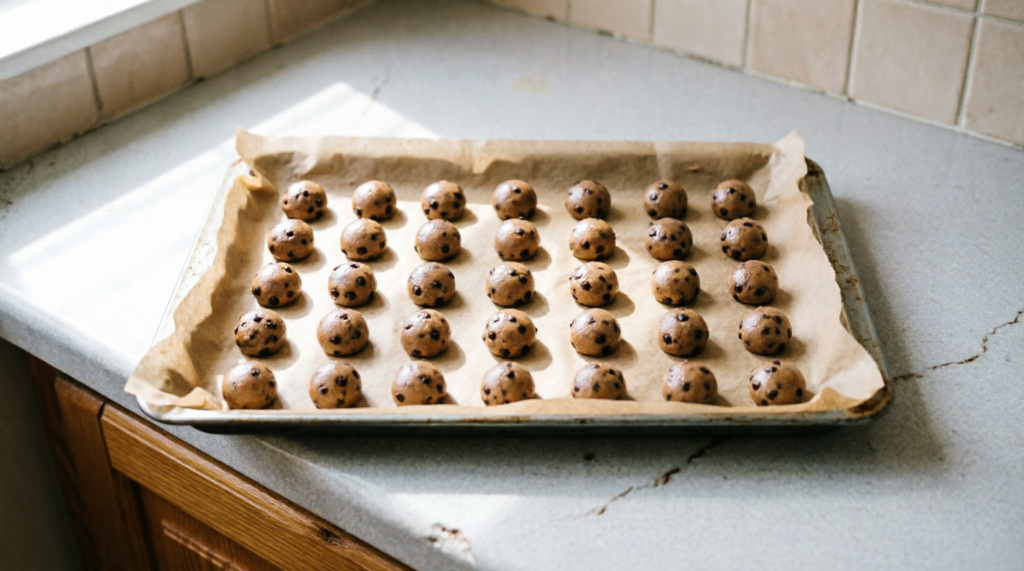 Trays of mini cookie dough balls ready to bake