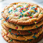 Stack of birthday cake cookies with rainbow sprinkles