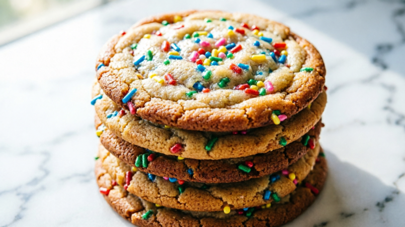 Stack of birthday cake cookies with rainbow sprinkles