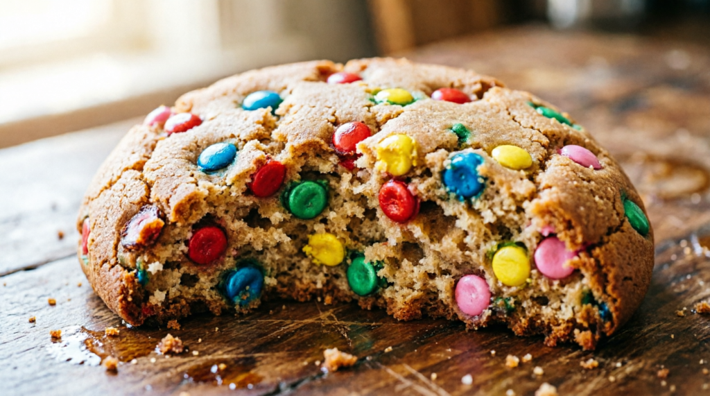 Close-up of a birthday cake cookie broken in half showing soft texture