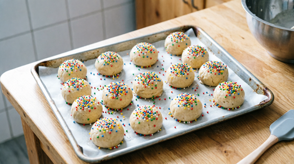 Cookie dough balls topped with sprinkles before baking