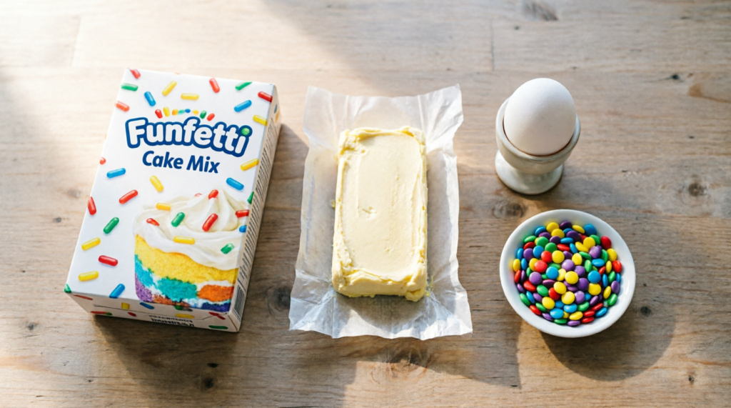 Ingredients for birthday cake cookies laid out on counter