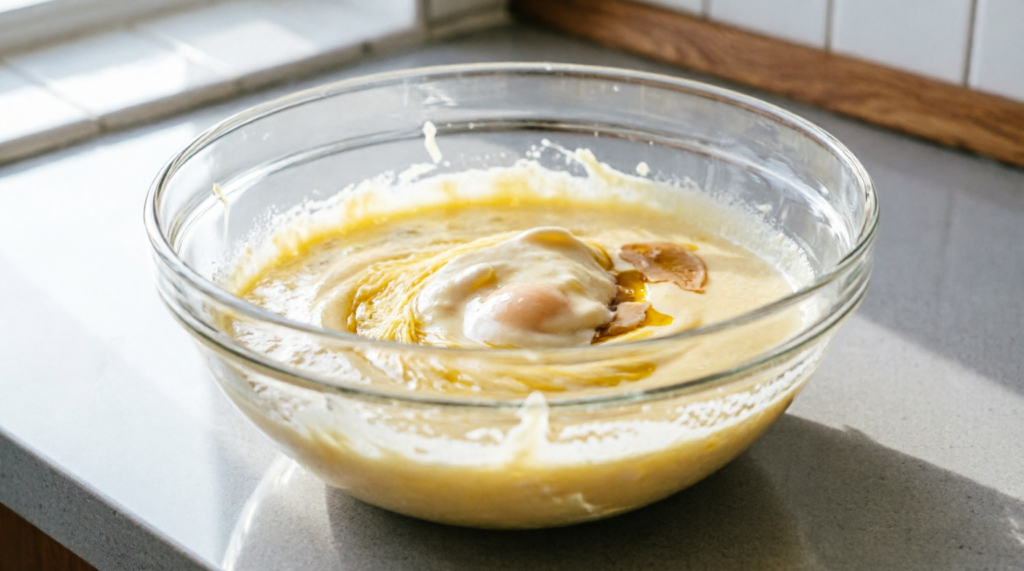Cake mix butter and egg being mixed together in a bowl