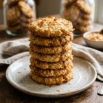 Stack of golden coconut cookies on a plate with coconut flakes nearby