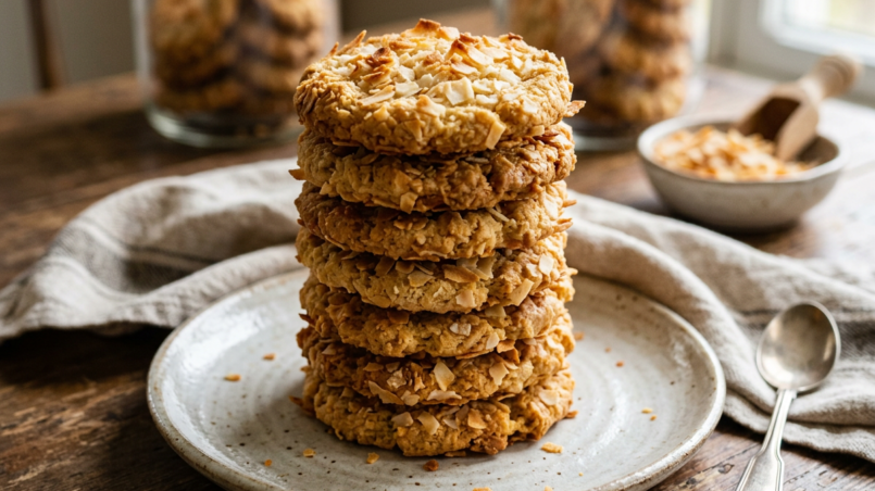 Stack of golden coconut cookies on a plate with coconut flakes nearby