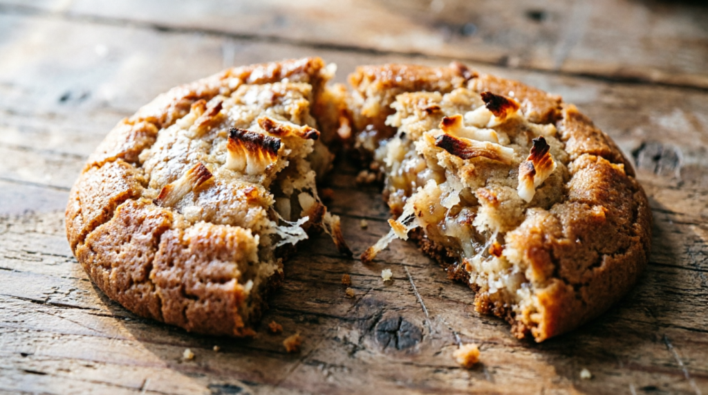 Close-up of a coconut cookie showing chewy texture